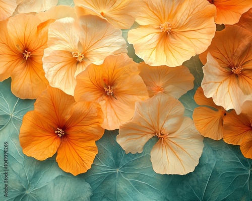 Detailed closeup of orange garden nasturtium flowers, showcasing the delicate textures and vivid colors of Tropaeolum majus photo