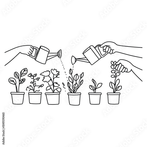 Line illustration of hands watering small plants in pots, symbolizing growth, gardening, and nurturing nature