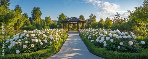 Elegant white Iceberg roses blooming in a vibrant rose garden, showcasing the modern clusterflowered Korbin floribunda cultivar by Kordes photo