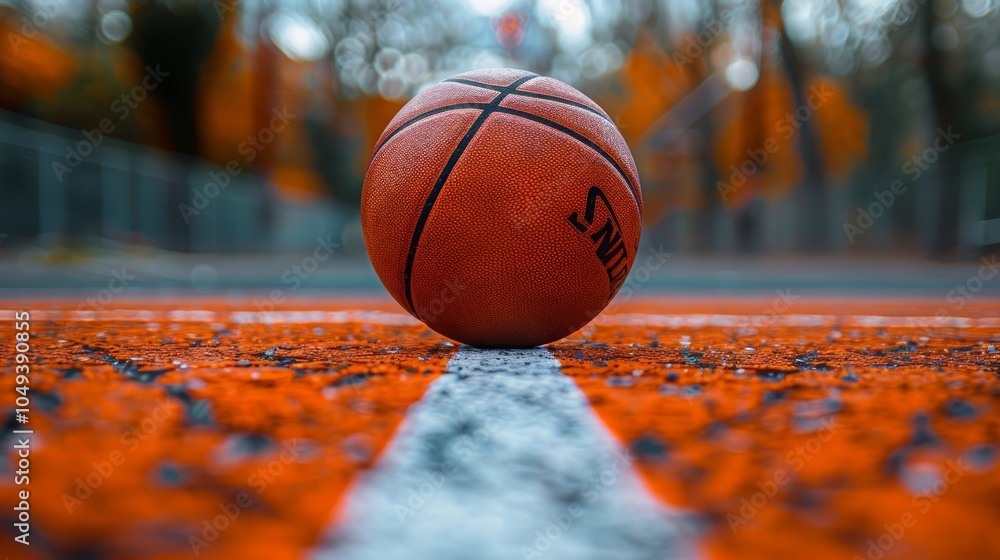 A close-up of a basketball on an outdoor court. The ball is sitting on the white line of the court, with the orange surface of the court behind it. A close-up of a basketball on an outdoor court. The ball is sitting on the white line of the court, with the orange surface of the court behind it.
