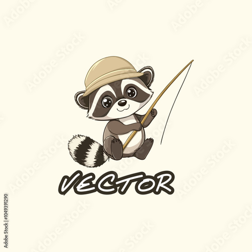 Adorable Cartoon Raccoon Fishing with Cute Hat in Hand-drawn Art Style Illustration