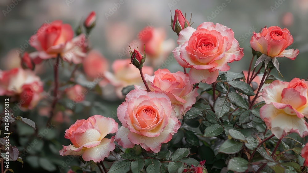 Blooming pink roses in lush garden during misty morning Blooming pink roses in lush garden during misty morning