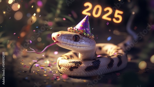  Cute snake in a party hat blowing confetti with '2025' in the background, creating a festive atmosphere. photo