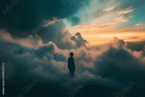 A person stands in clouds, fully immersed in a dawn dream where light and shadow meet seamlessly.