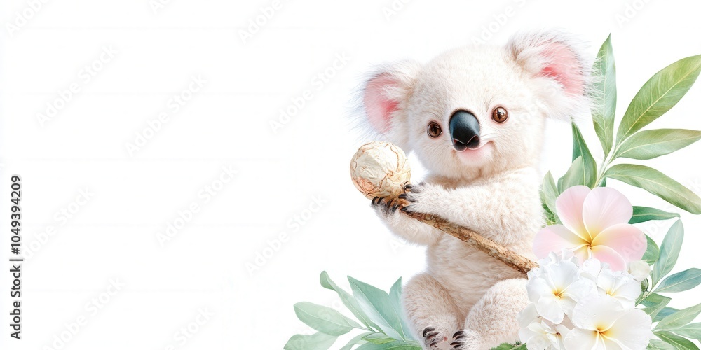 Fototapeta premium Adorable baby koala with flowers and eucalyptus branch
