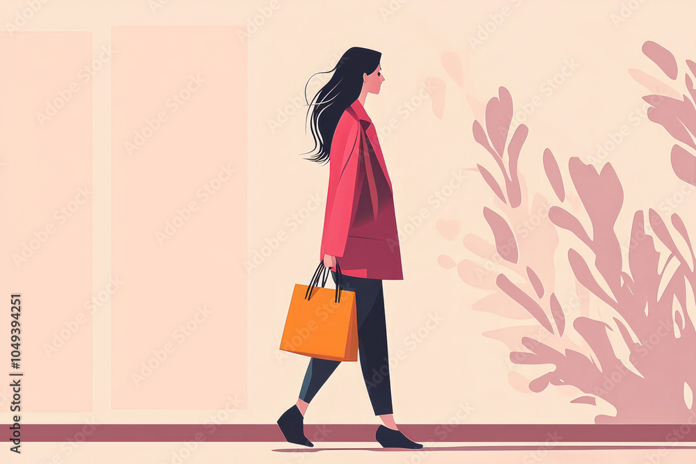 cartoon of the lady in red coat walking carrying the yellow shopping bag with the trashes on plain pastel background cartoon of the lady in red coat walking carrying the yellow shopping bag with the trashes on plain pastel background