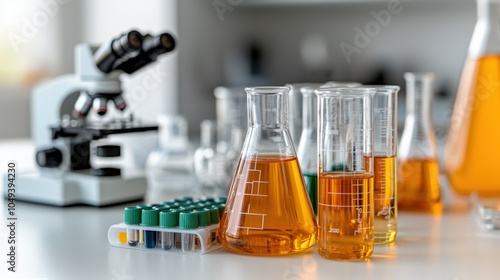 Laboratory glassware with orange liquid and microscope in modern scientific research setting