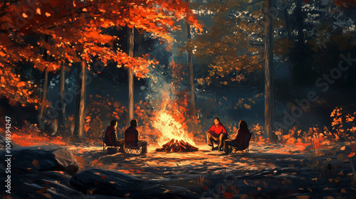 Friends sitting around a fire at a campsite, their faces glowing from the warmth, with the brilliant colors of fall foliage surrounding them and the cool autumn breeze rustling the leaves overhead photo