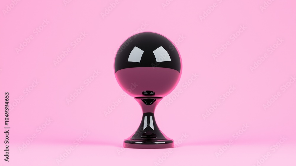 Minimalist black glass sphere on stand against pink background Minimalist black glass sphere on stand against pink background