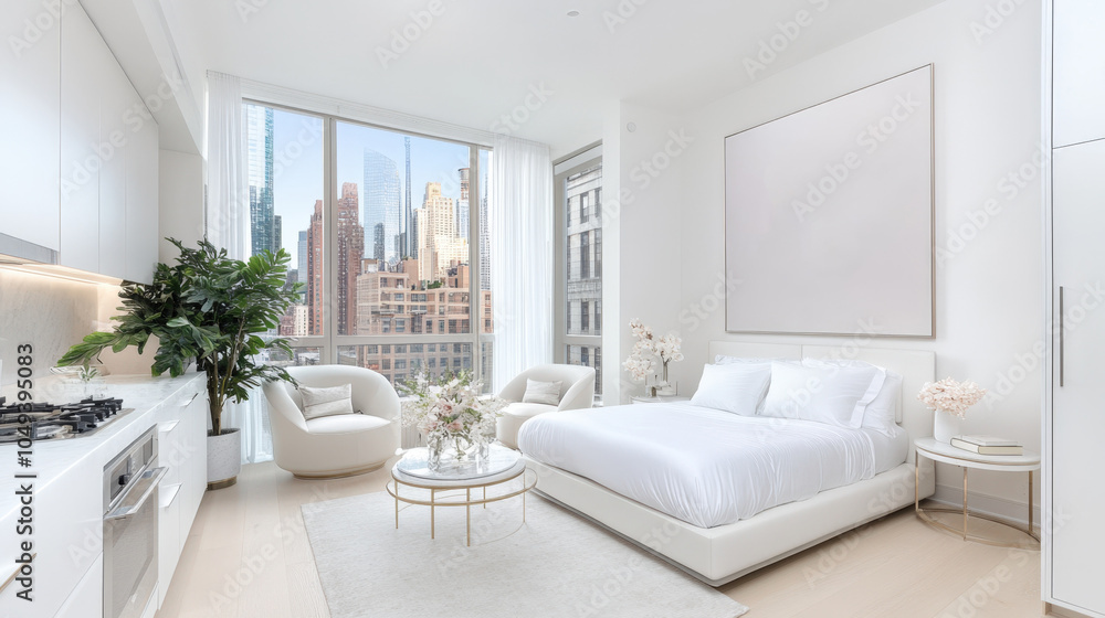 Fototapeta premium Modern minimalist city apartment with large windows and neutral tones