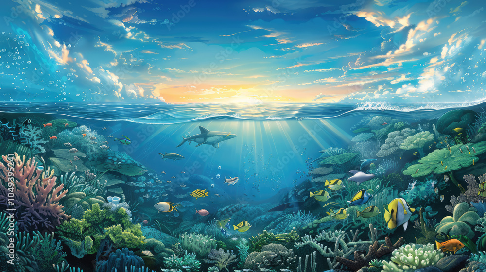 Fototapeta premium graphic painting vector of the illustration of many blue whales and other sealife, sharks swimming under the water and jump over in the air on ocean water background
