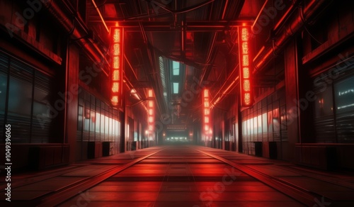a dimly lit train station with red neons and a bladerunner street alley