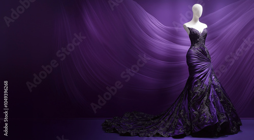 Manequim elegante exibindo deslumbrante vestido de noite roxo, em um cenário roxo rico. Detalhes intrincados e tecido luxuoso criam um apelo visual cativante photo