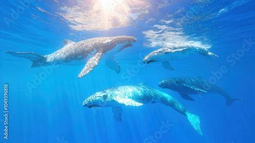 Majestic humpback whales swimming gracefully in crystal blue ocean waters photo