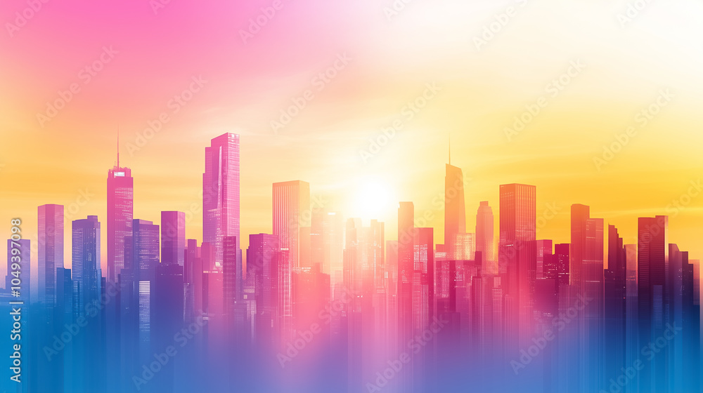 Silhouettes of skyscrapers glow as the sun sets, creating a vivid display of colors in the sky Silhouettes of skyscrapers glow as the sun sets, creating a vivid display of colors in the sky
