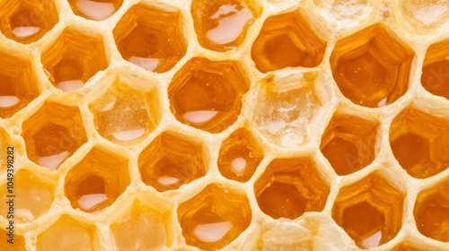 Honeycomb with beeswax and honey, the closeup of cell structure.