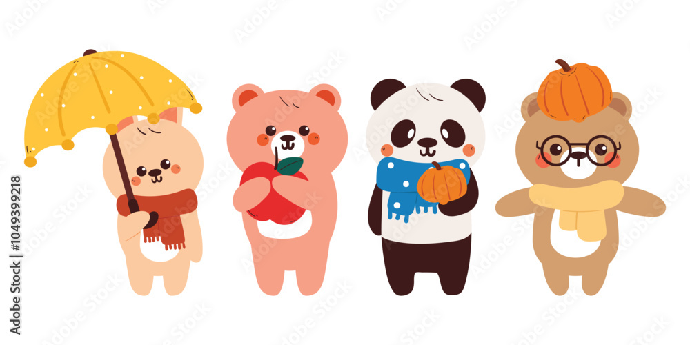 Fototapeta premium hand drawing cartoon autumn animal sticker set. cute animal with apple, pumpkin, umbrella drawing, doodle set