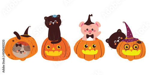 Wallpaper Mural hand drawing cartoon animal with pumpkin halloween sticker set. cute animal with halloween vibes drawing, doodle set Torontodigital.ca