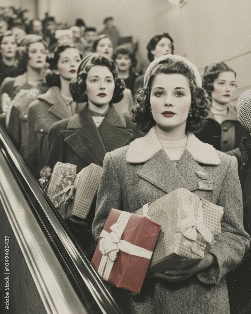 Obraz premium Vintage Holiday Shoppers on an Escalator