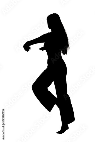 A beautiful silhouette of a woman gracefully dancing on a white background