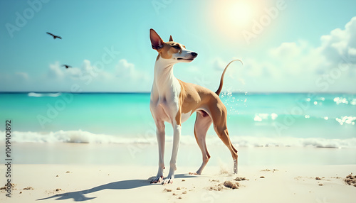  Elegant ibizan hound standing on sunny beach ibizan hound photo