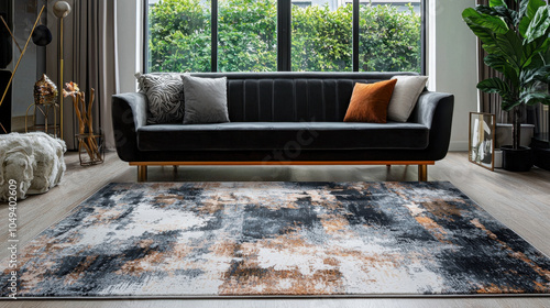 The full-room view showcases a beautifully designed viscose rug with a silky sheen, seamlessly integrating with elegant furnishings in this high-end magazine-quality photograph