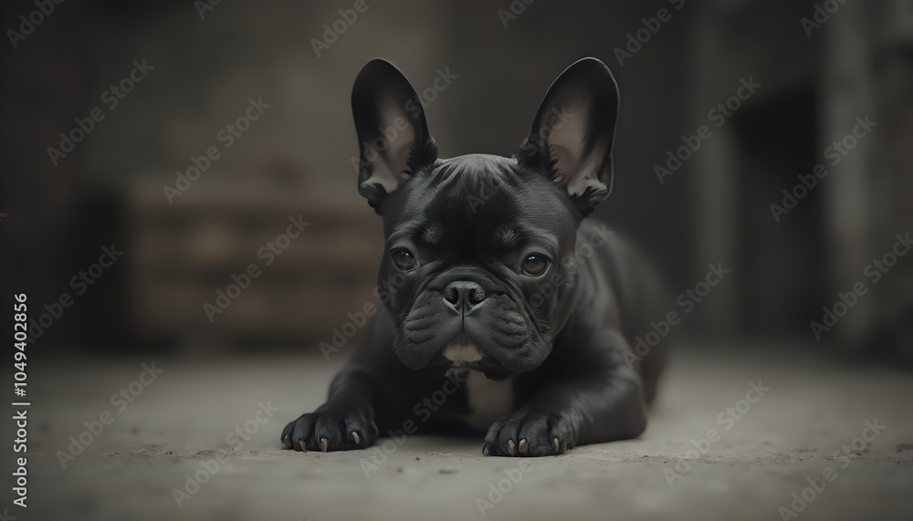  French bulldog with alert expression in dimly lit room french bulldog