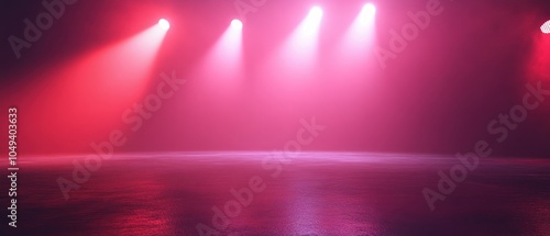 A dimly lit stage with pink and red spotlights creating an atmospheric ambiance.