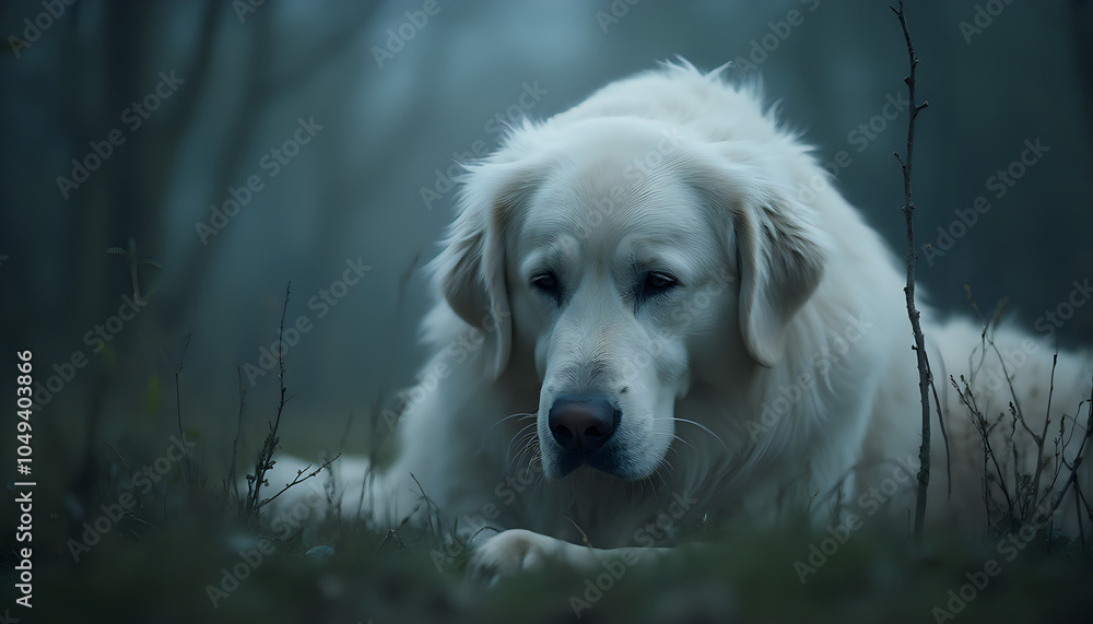 Great pyrenees resting outdoors with calm expression great pyrenees Great pyrenees resting outdoors with calm expression great pyrenees