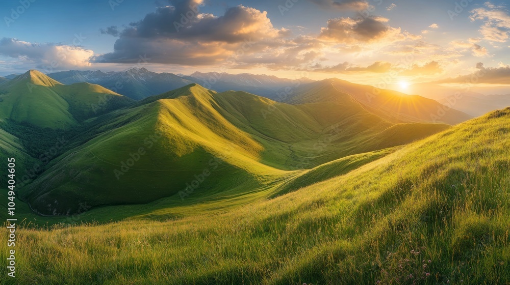 Obraz premium A panoramic view of a mountain range with rolling green hills and a sunset in the background.