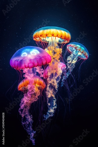 Beautiful glowing jellyfish in deep sea closeup view. Abstract background.