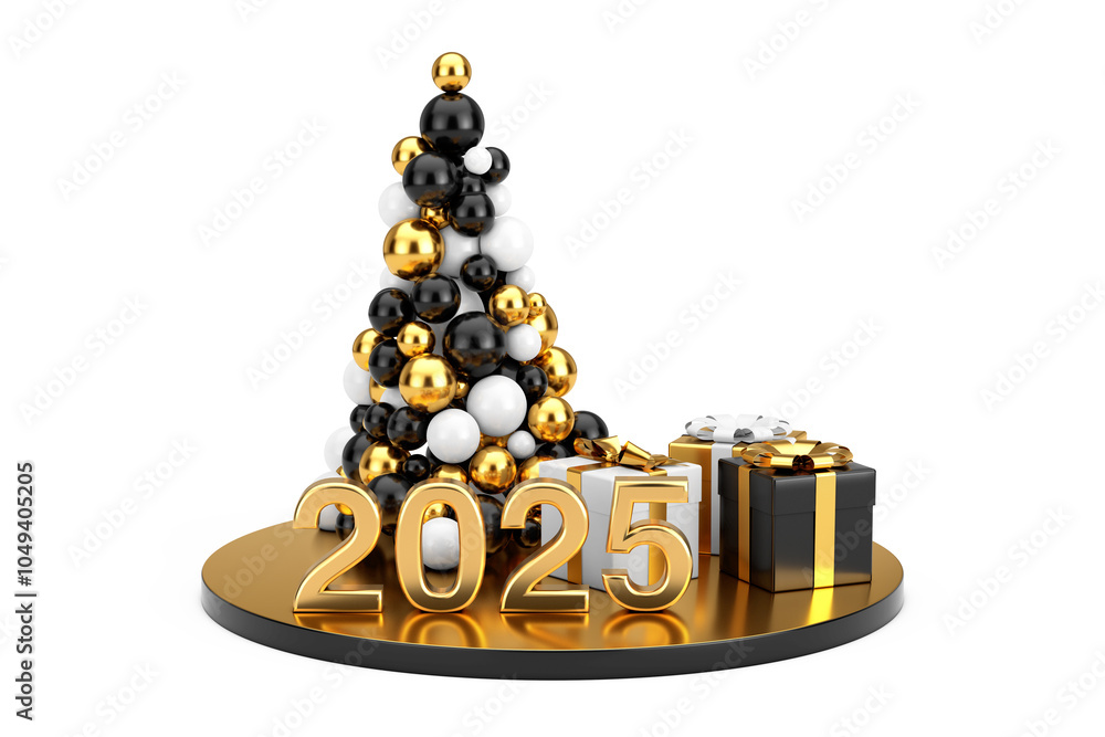 New Year Shopping Concept. Golden Balls in Shape of Christmas Tree, Gold New Year 2025 Sign and Gift Boxes. 3d Rendering New Year Shopping Concept. Golden Balls in Shape of Christmas Tree, Gold New Year 2025 Sign and Gift Boxes. 3d Rendering