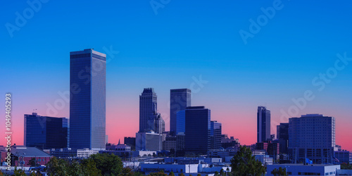Tulsa City Skyline at Sunset in the State of Oklahoma, a modern metropolis of the midwestern United States
