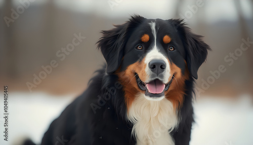 Bernese Mountain Dog Sitting Outdoors with Happy Expression photo