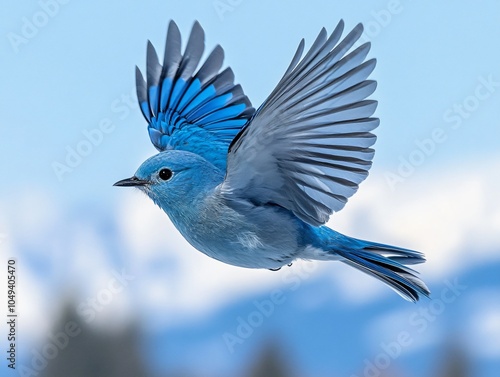 Mountain Bluebird in Flight with a Soft Natural Blur Background