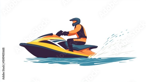 Artistic illustration of jetski in water. Flat vector. Summer tropical sports.