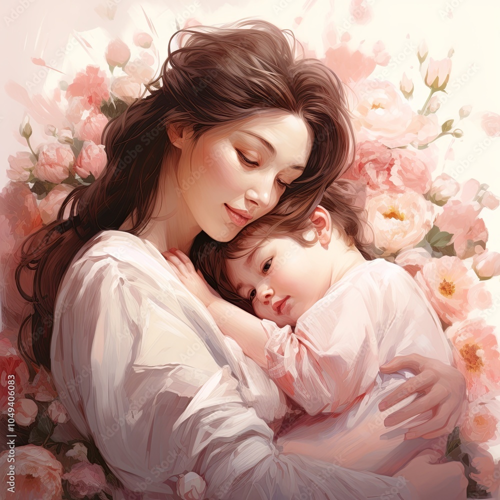 Mother with young child resting together in a floral setting. Soft and warm-toned digital painting with pink flowers. Mother with young child resting together in a floral setting. Soft and warm-toned digital painting with pink flowers.