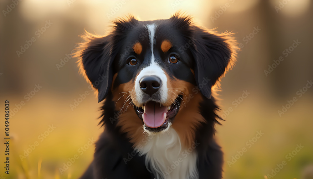 Bernese Mountain Dog Sitting Happily in Field with Sunlight Bernese Mountain Dog Sitting Happily in Field with Sunlight