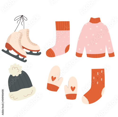 set of winter clothes skates hat mittens sweater