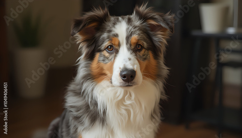 Australian Shepherd with tricolor coat sitting indoors, looking attentive