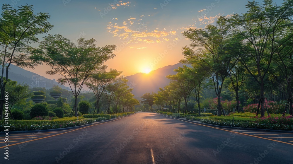 A scenic road lined with trees leads to a beautiful sunset over a mountain range. A scenic road lined with trees leads to a beautiful sunset over a mountain range.