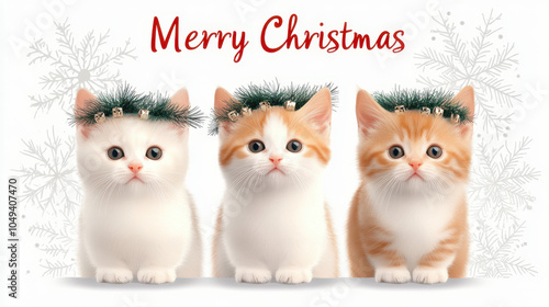 Cute kittens wearing festive decorations celebrate holiday season with joy and warmth. Their playful expressions and Christmas spirit bring happiness to all