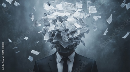 Businessman experiencing information overload with papers exploding from head