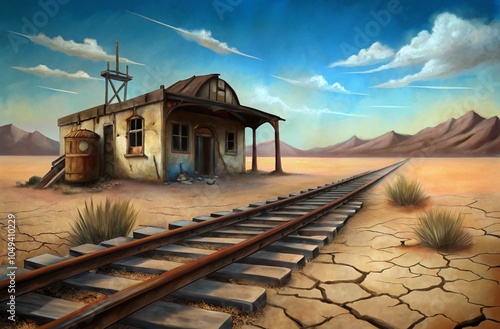 An abandoned station in a desert, with cracked platforms and rusting tracks stretching into the horizon.
 photo