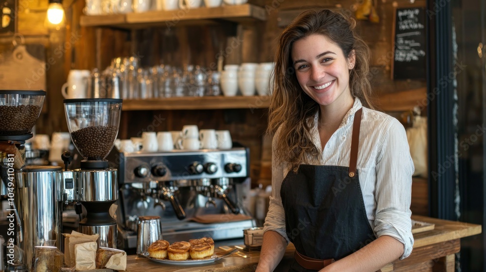 A barista wearing an apron, smiling and posing behind the counter with various coffee-making equipment and pastries in the background A barista wearing an apron, smiling and posing behind the counter with various coffee-making equipment and pastries in the background