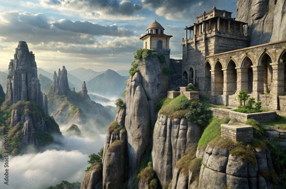 An ancient stone monastery clinging to the side of a misty mountain cliff.