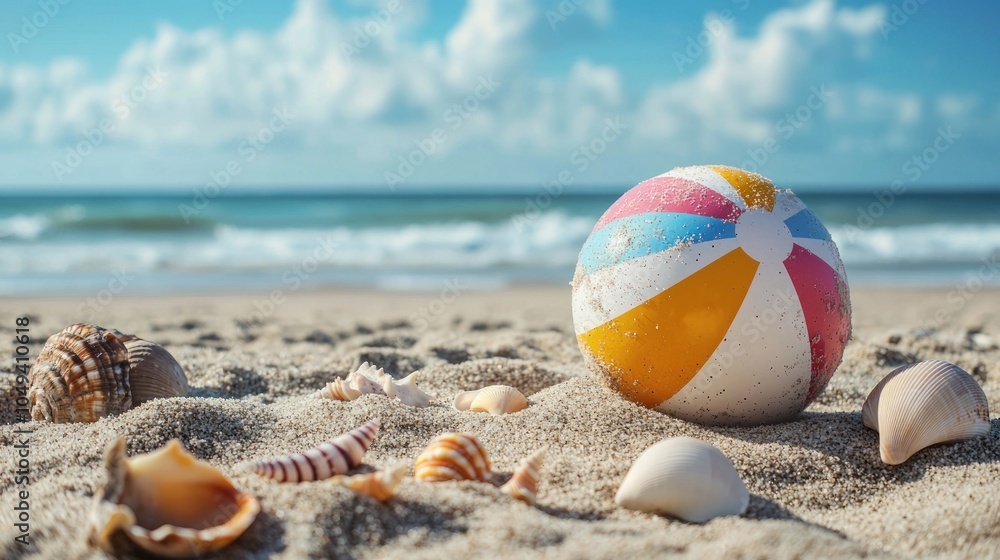 Obraz premium A beach ball partially buried in the sand with seashells and beach accessories around it