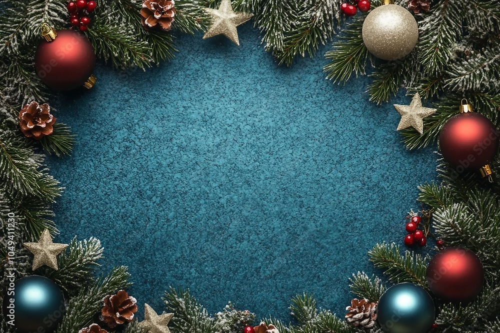 Christmas background in turquoise blue, with textured copy-space and an arch-shaped border composed of fir branches, baubles, stars and holly Christmas background in turquoise blue, with textured copy-space and an arch-shaped border composed of fir branches, baubles, stars and holly