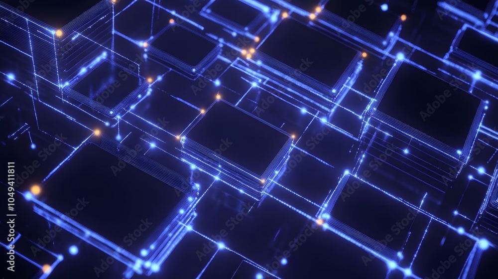 Obraz premium Futuristic digital network with glowing lines and squares in blue hues.