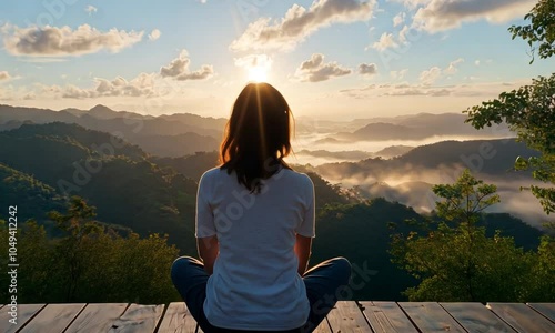 Woman meditating on a wooden deck overlooking a stunning mountain landscape with mist and clouds during sunset.